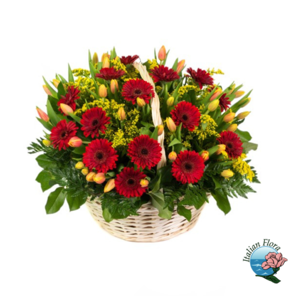 Basket arrangement with gerberas and tulips