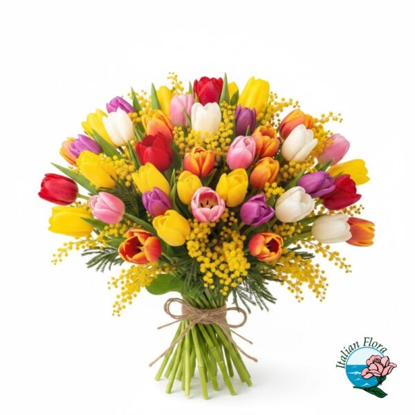 Bouquet of tulips with mimosa