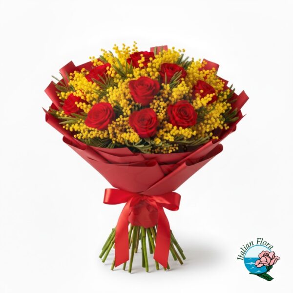 Bouquet of red roses with mimosa