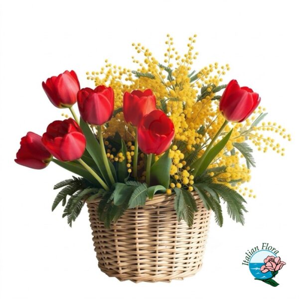 Basket with red tulips and mimosa