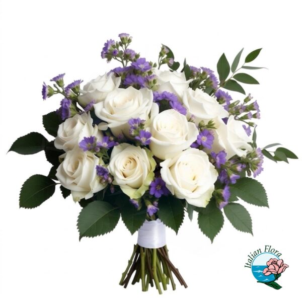 Funeral bouquet of white roses and purple flowers