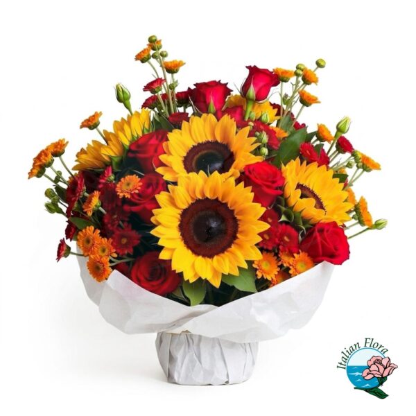 Bouquet of sunflowers and red and orange flowers