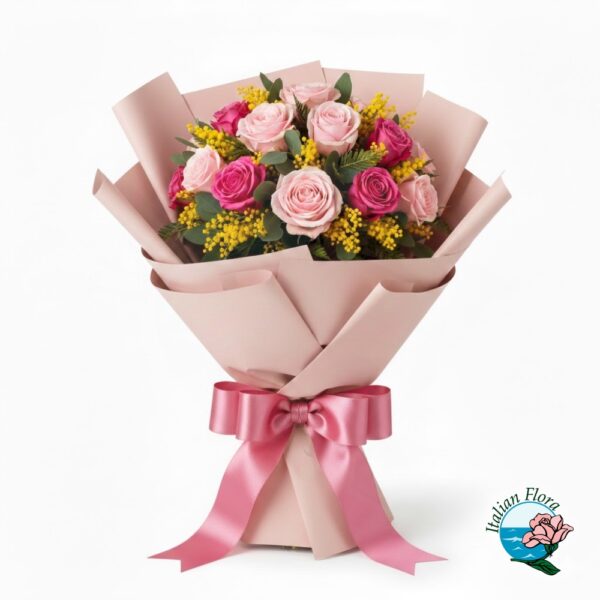 Bouquet of pink roses with mimosa