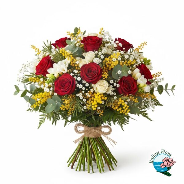 Bouquet of red roses, white flowers and mimosa