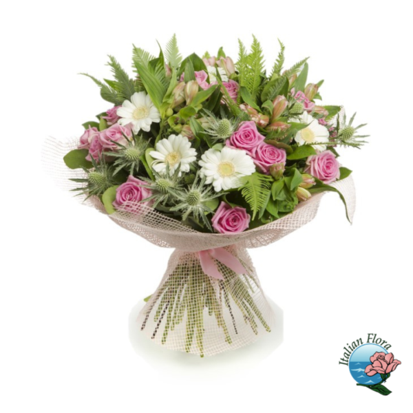 Ramo de rosas rosadas y gerberas