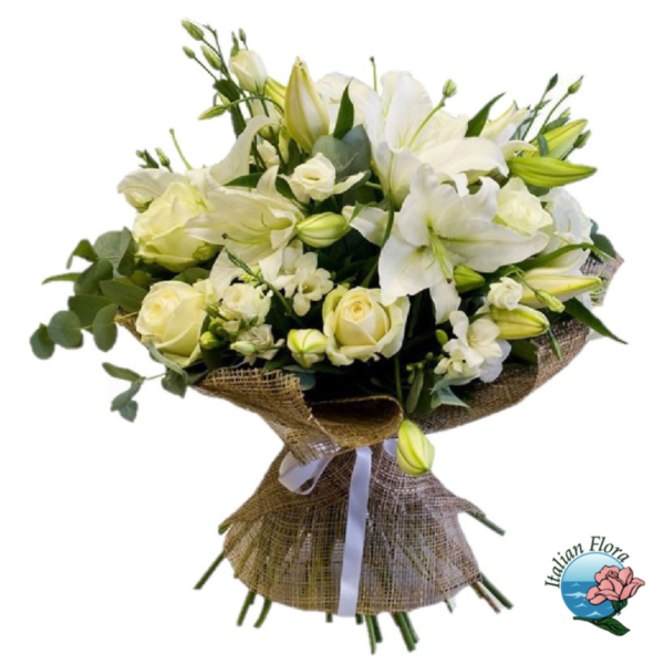 Ramo de rosas blancas y lirios