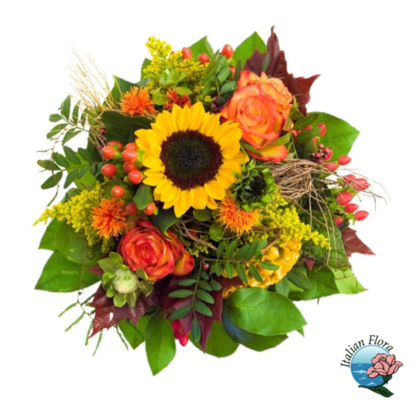 Bouquet of sunflowers and orange roses