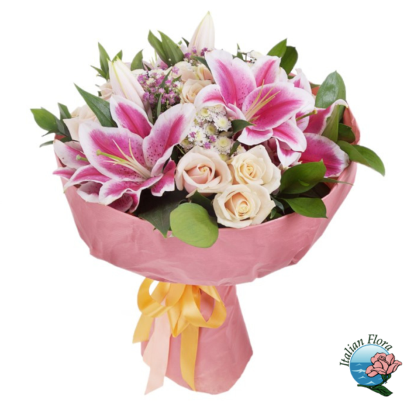 Bouquet de lírios cor de rosa e rosas brancas