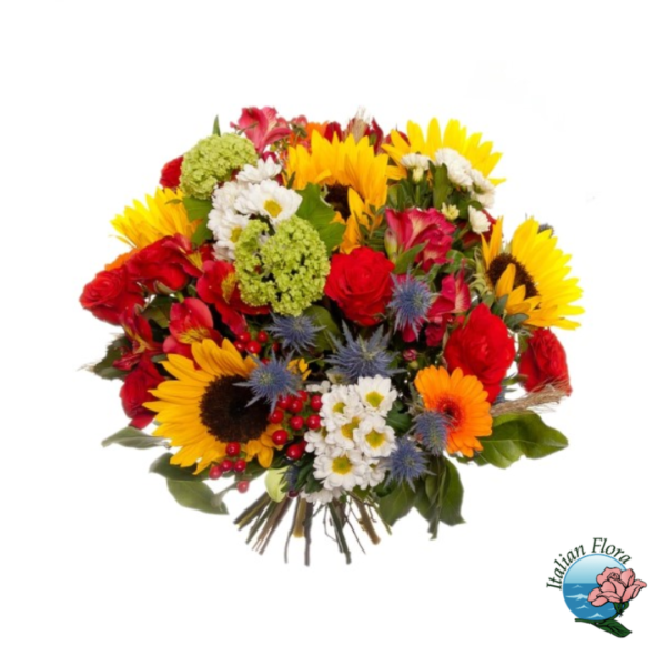 Ramo de girasoles y flores rojas y naranjas