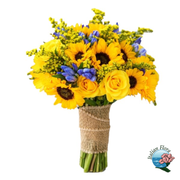 Strauß aus Sonnenblumen und blauen Blumen
