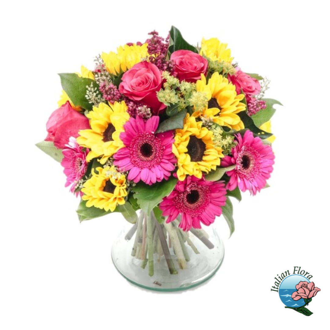 Bouquet of sunflowers and pink flowers