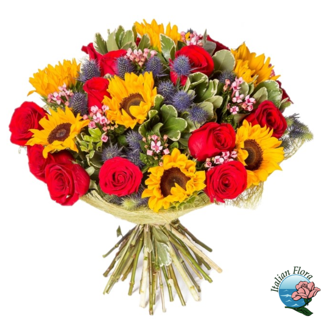 Bouquet with red roses and sunflowers
