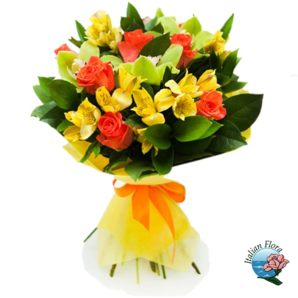 Bouquet of orange roses with yellow alstromeria