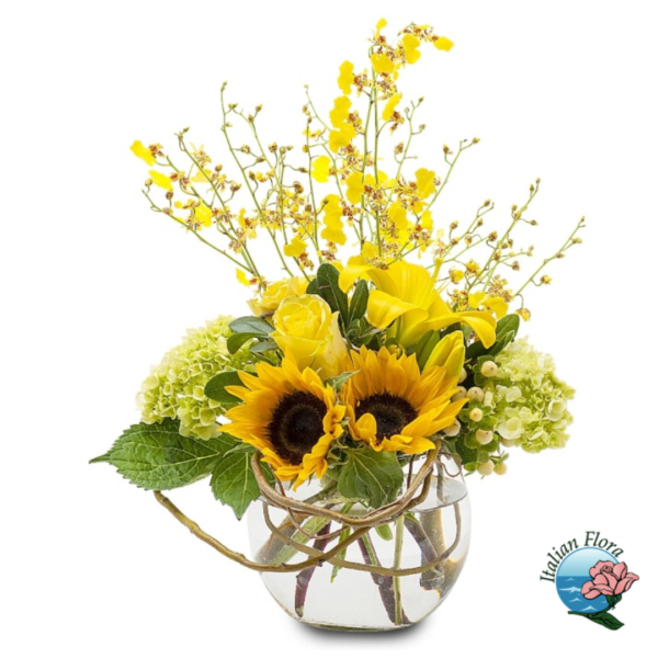 Sammansättning av solrosor och gula blommor