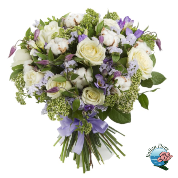 Funeral bouquet of white roses and purple flowers