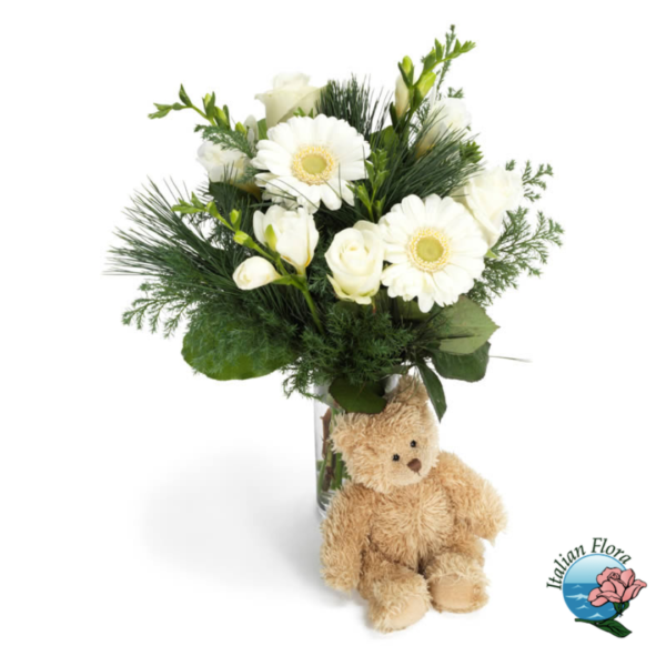 Bouquet of white flowers with teddy bear