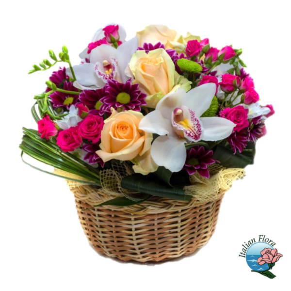 Basket with colored flowers