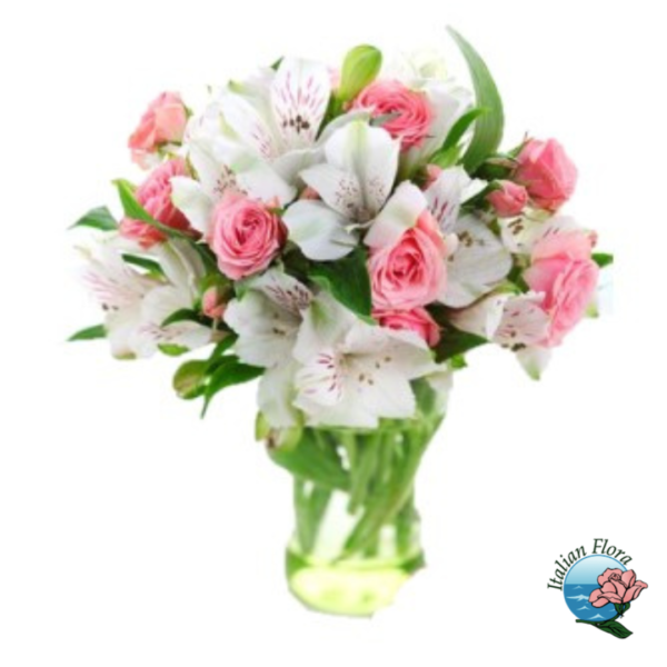 Bouquet of pink roses and white alstromerias