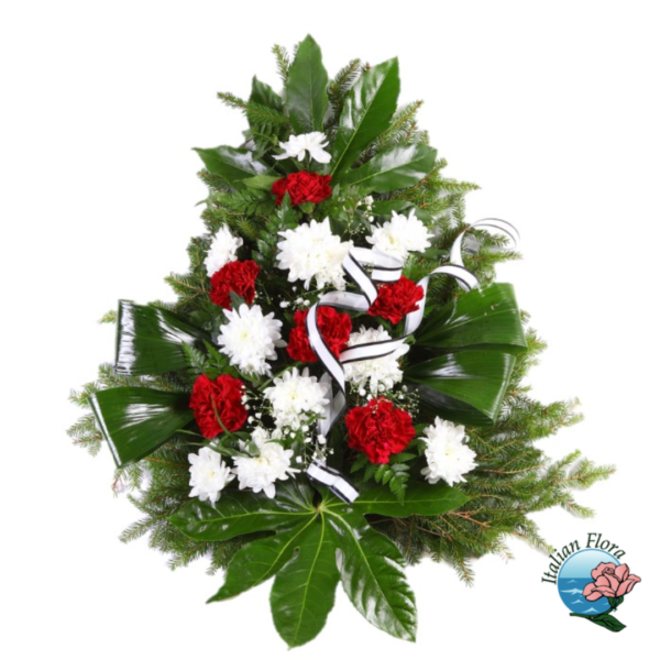 Red and white funeral arrangement
