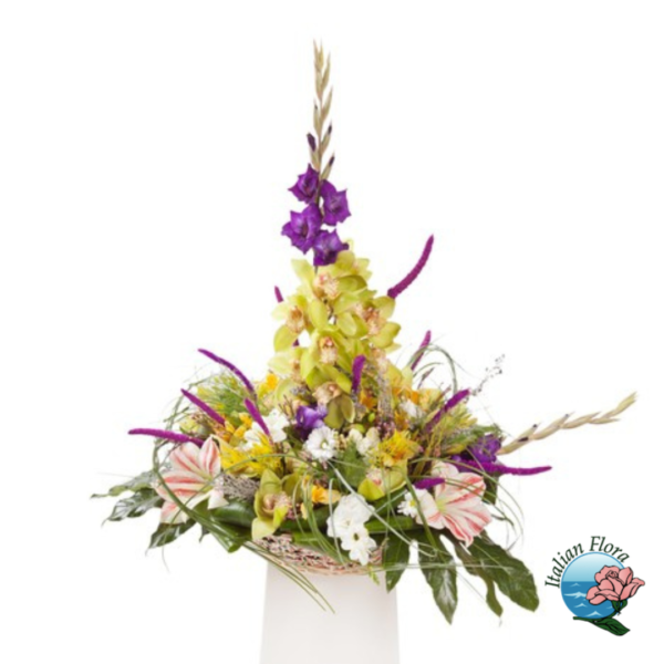 Arreglo funerario amarillo y morado