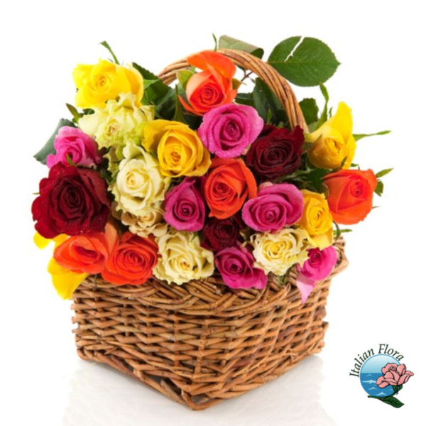Basket of multicolor roses