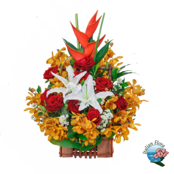 Composición funeraria roja, naranja y blanca