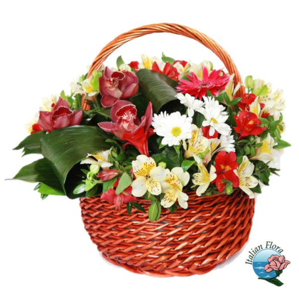 Košík s červenými a bílými květy