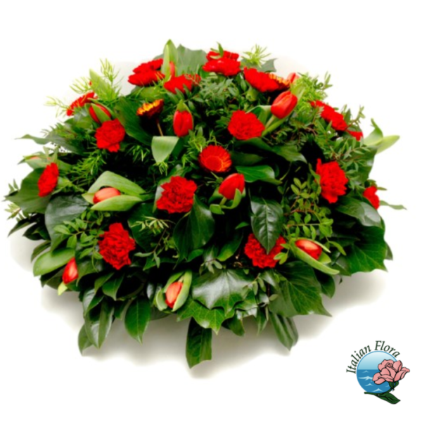 Funeral spray of red roses