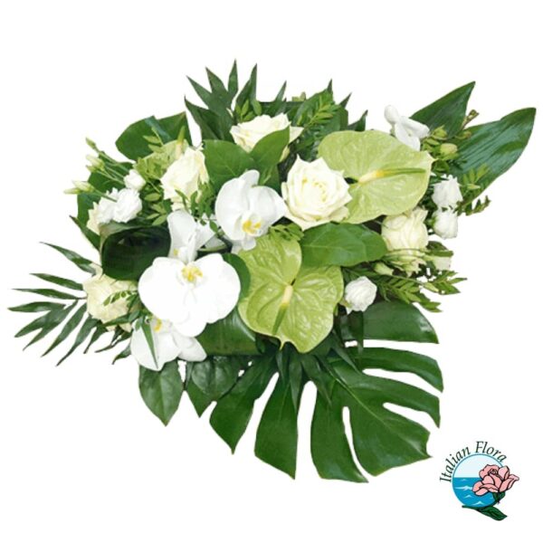Funeral arrangement of anthurium and white flowers