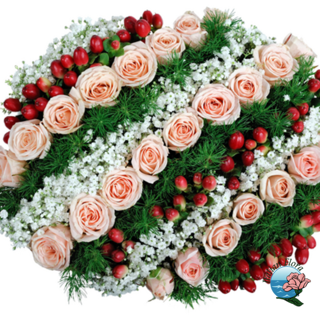 Funeral spray of pink roses and baby breath Italian Flora