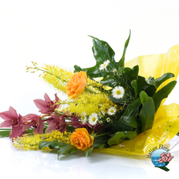 Ramo funerario con rosas y flores de orquídeas