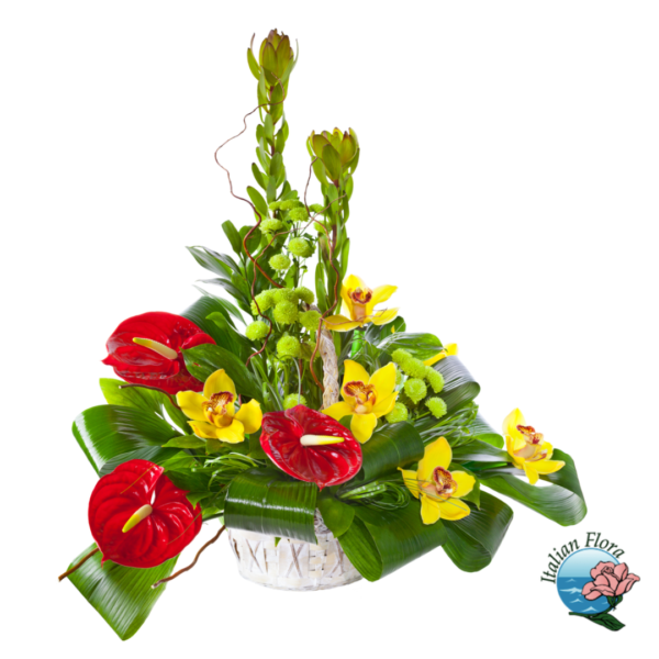 Centerpiece of red anthurium and yellow flowers