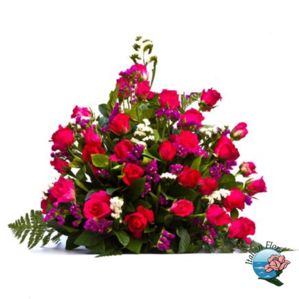 Bestattungsarrangement aus pinken Rosen und lila Blumen