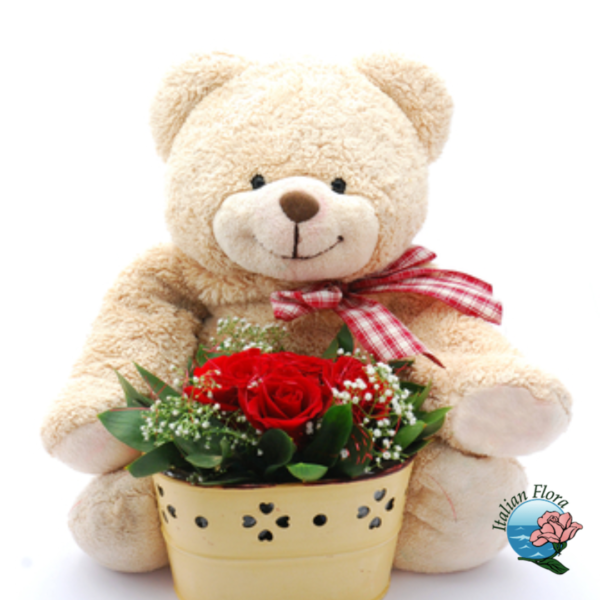 Cesta rosas rojas con peluche