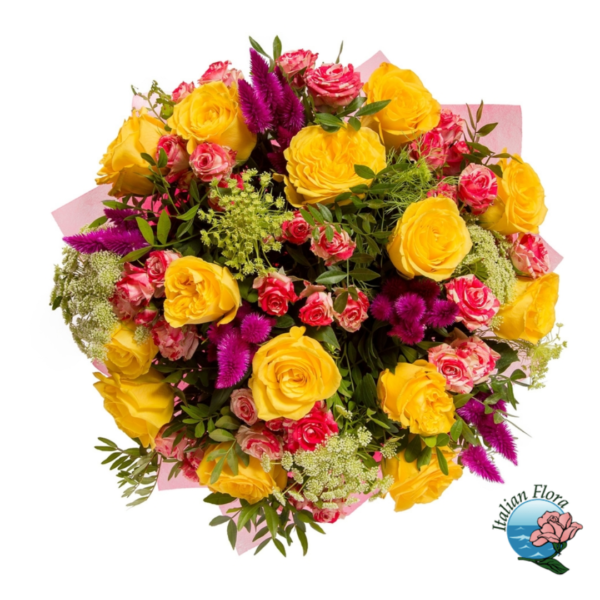 Bouquet of yellow and pink roses