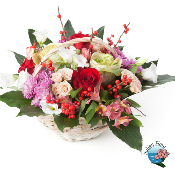 Basket of mixed flowers in red, white and purple tones