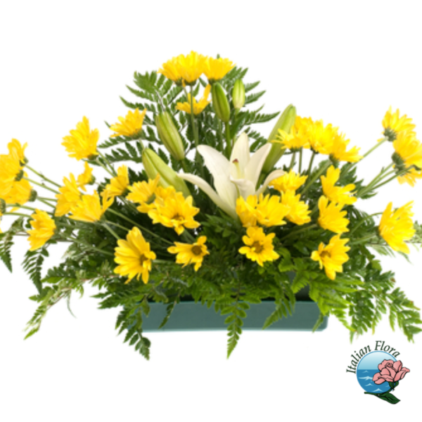Arreglo funerario de gerberas amarillas y azucenas blancas