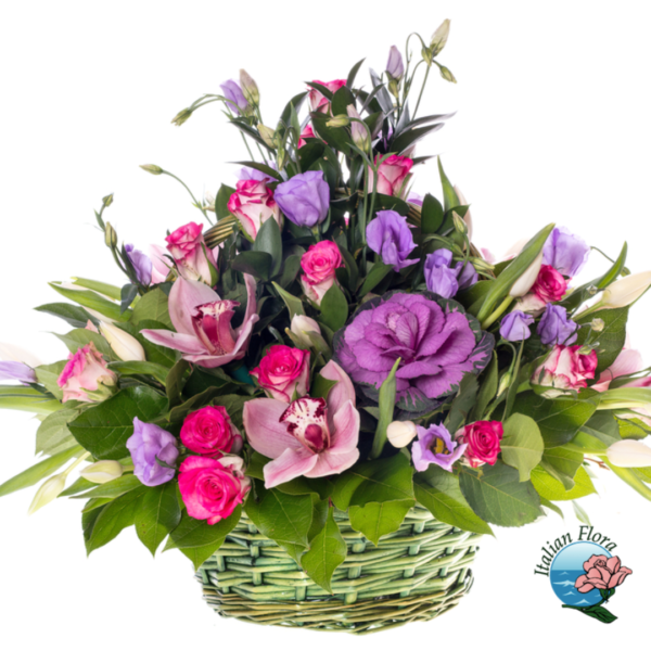 Basket of purple and pink flowers