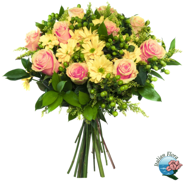 Bouquet of pink roses and yellow gerberas