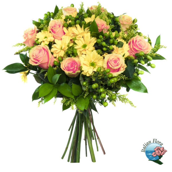 Ramo de rosas rosadas y gerberas amarillas