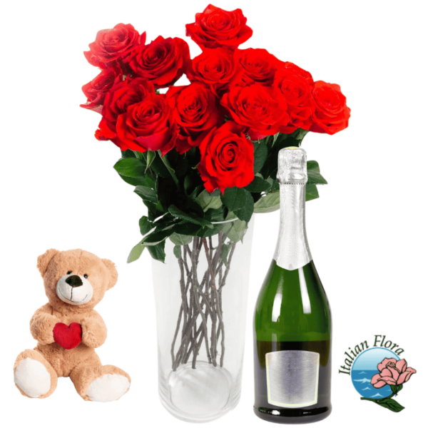 24 roses rouges avec peluche et vin blanc