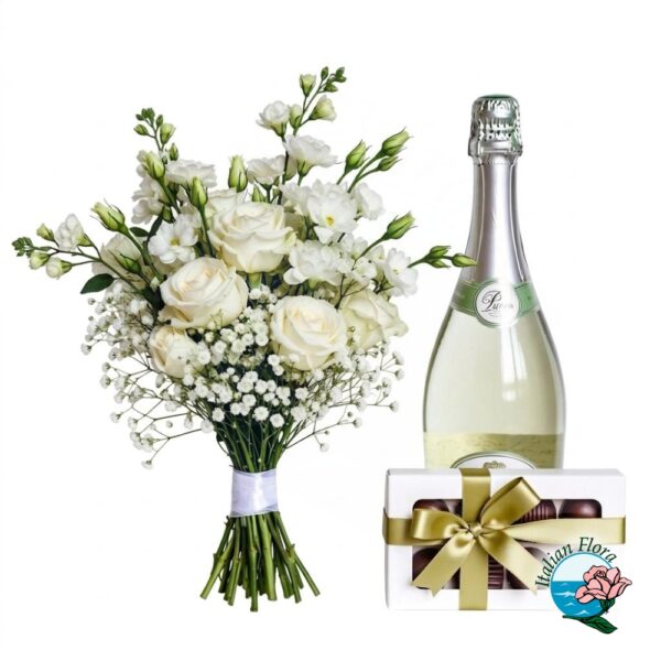 White bouquet with chocolates and sparkling wine