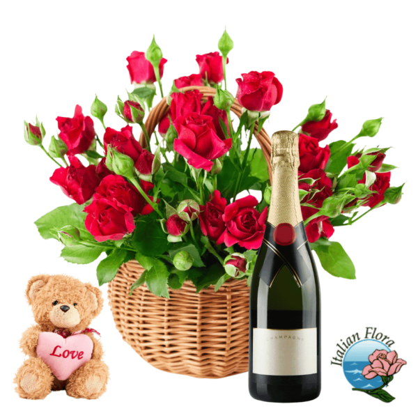 Panier de 18 roses rouges avec ours en peluche et vin rouge