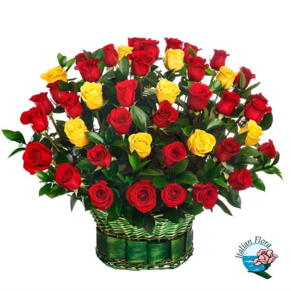 Basket of 50 mixed Yellow and Red Roses