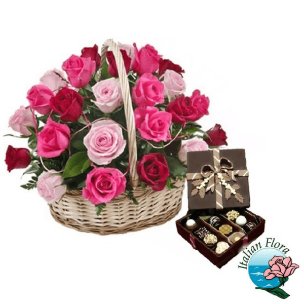 panier de 24 roses roses avec chocolats