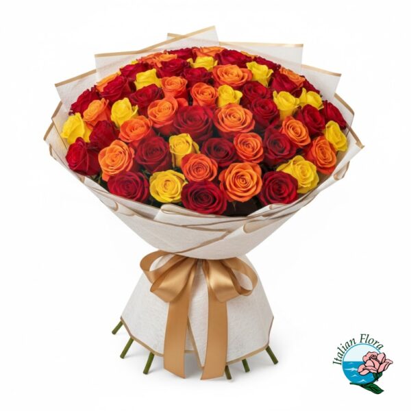 100 mix red orange and yellow roses