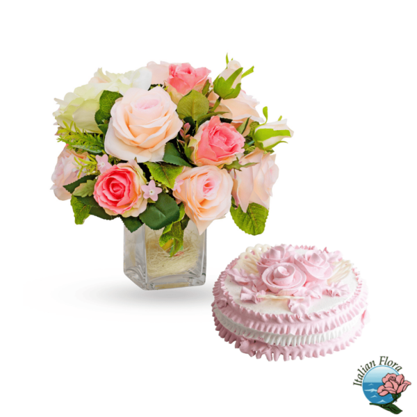 Arrangement of mixed pastel roses with cream cake