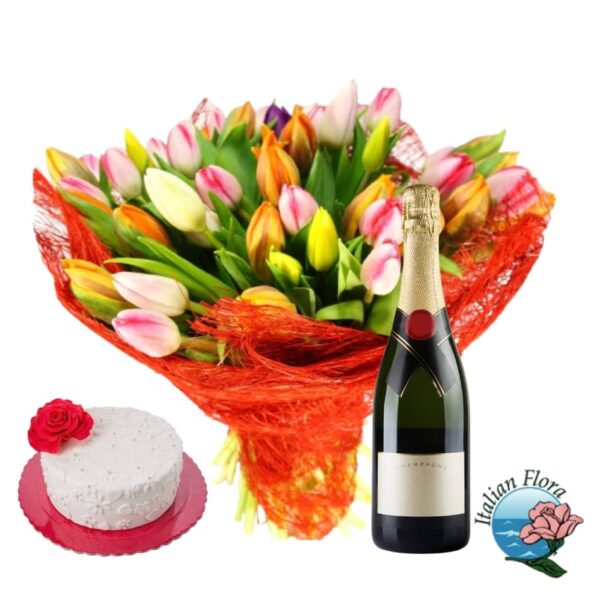 Bouquet of mixed tulips with sparkling wine and romantic cake
