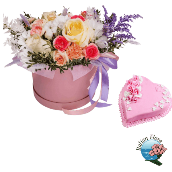 Elegant flower box arrangement with delicate cake