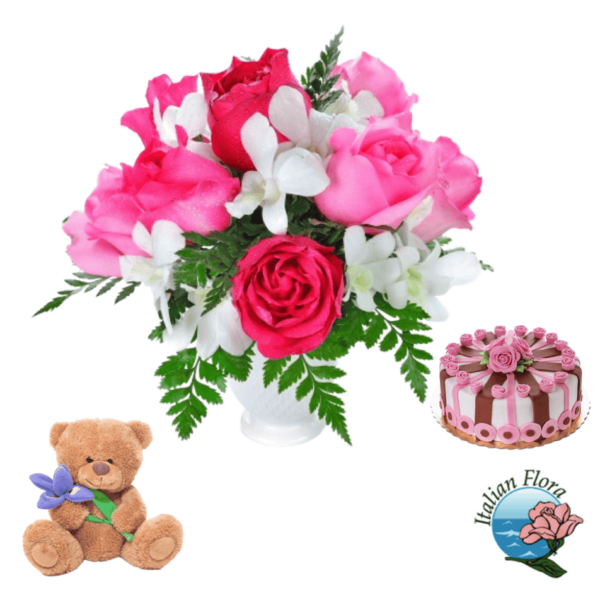 Bouquet blanc et rose avec ours en peluche et gâteau élégant